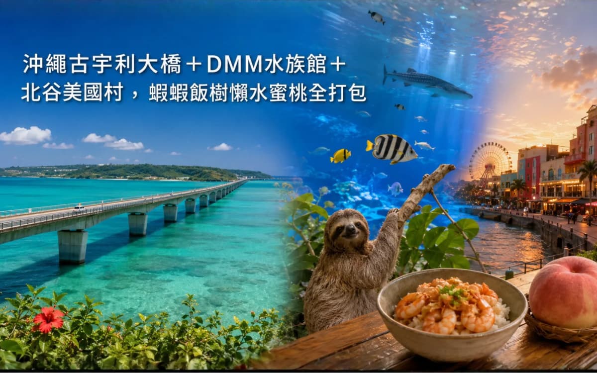 沖繩古宇利大橋+DMM水族館+北谷美國村,蝦蝦飯樹懶水蜜桃全打包